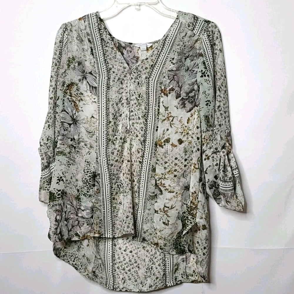 Harlow Zee sheer floral vneck hi low blouse top S